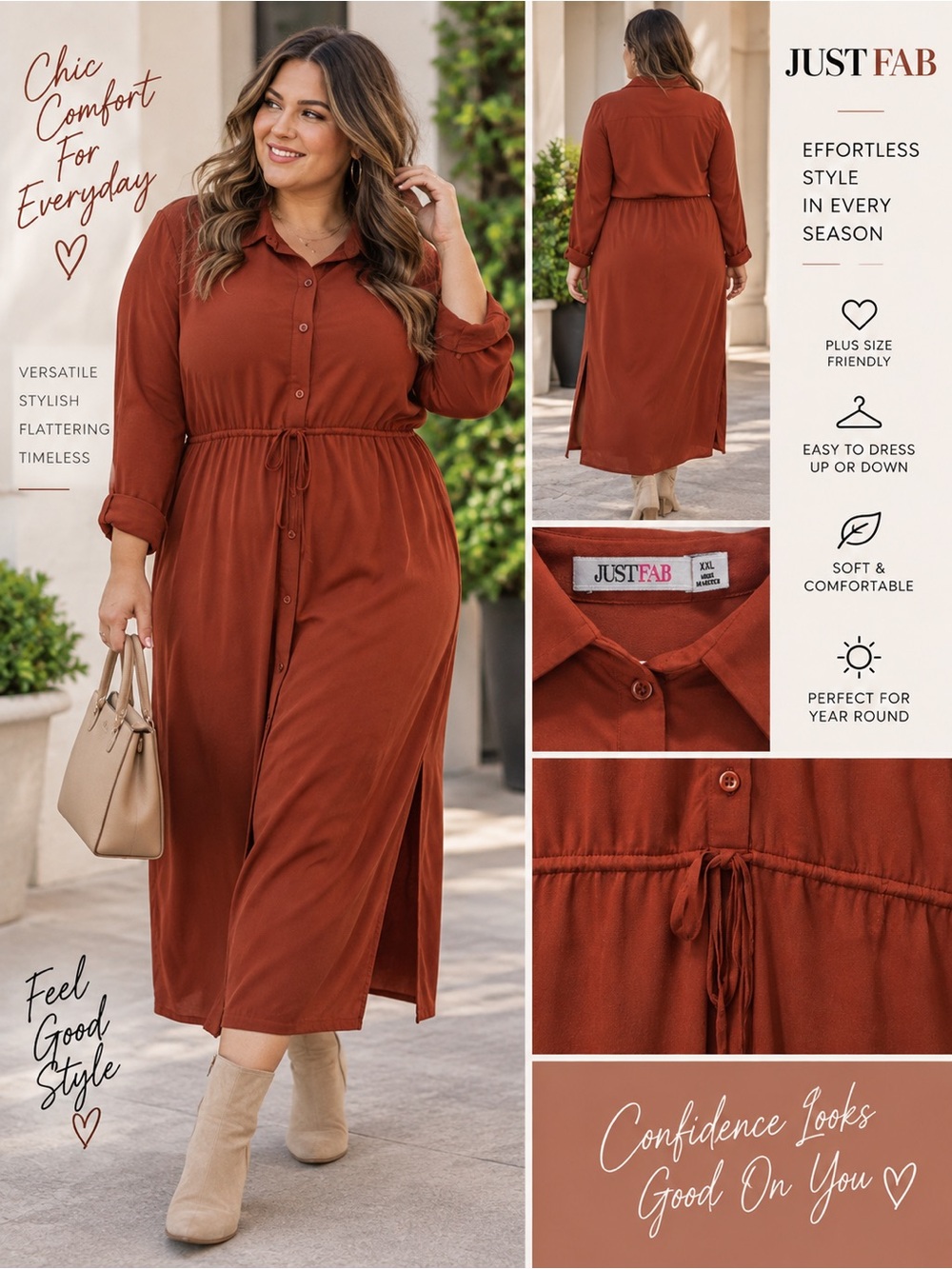 JustFab Maxi Shirt Dress Womens XXL Rust Button Front Drawstring Waist